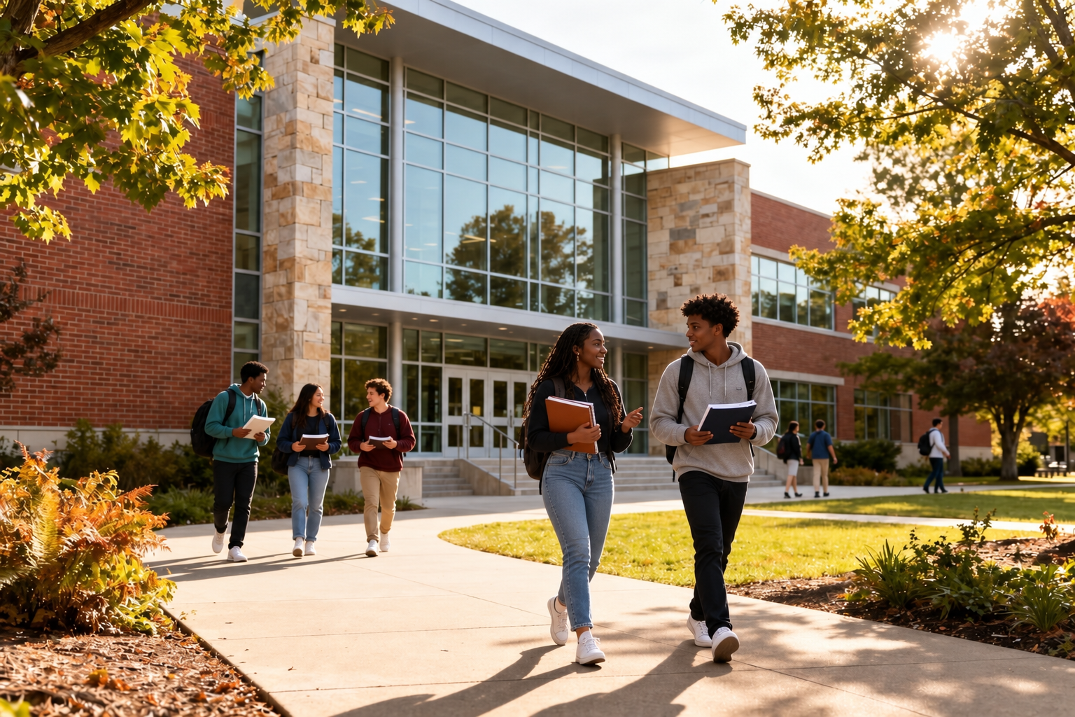 Students walking through a sunlit university campus